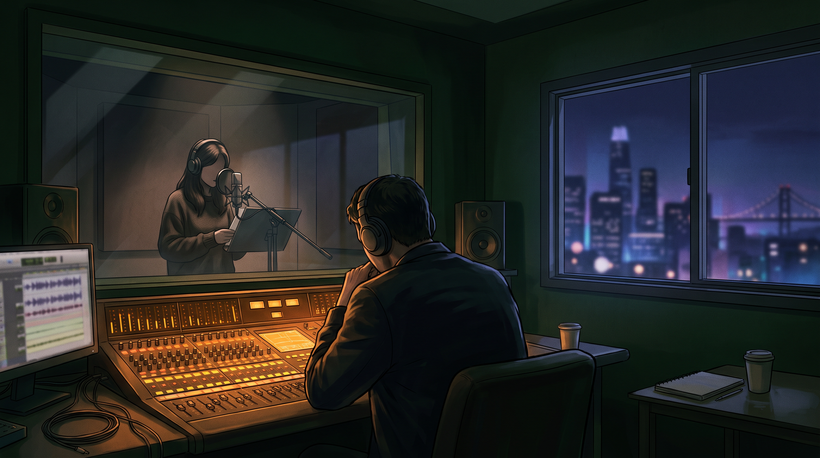 夜间录音室：匿名创作者、混音台、隔音玻璃与城市灯光