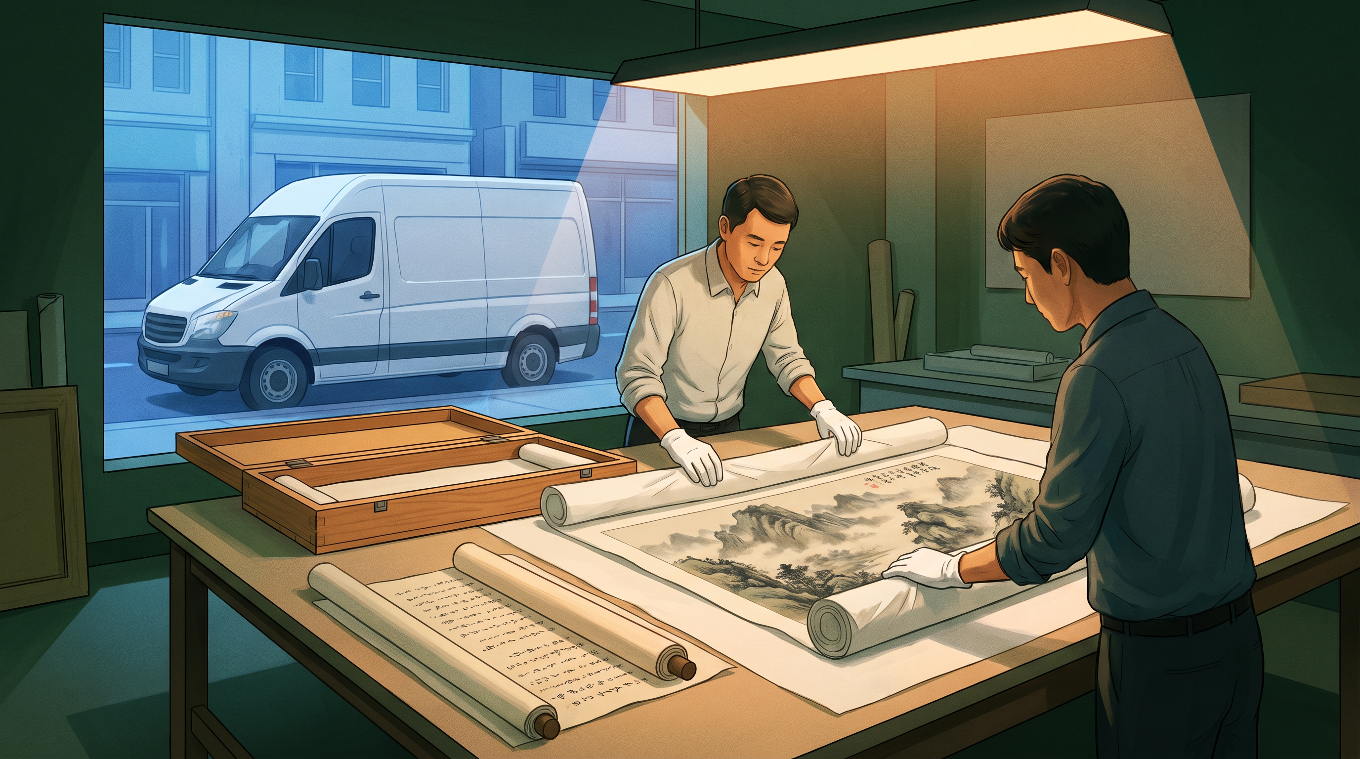 艺术品安全转运：专业人员以保护材料包装画作，准备合规交接