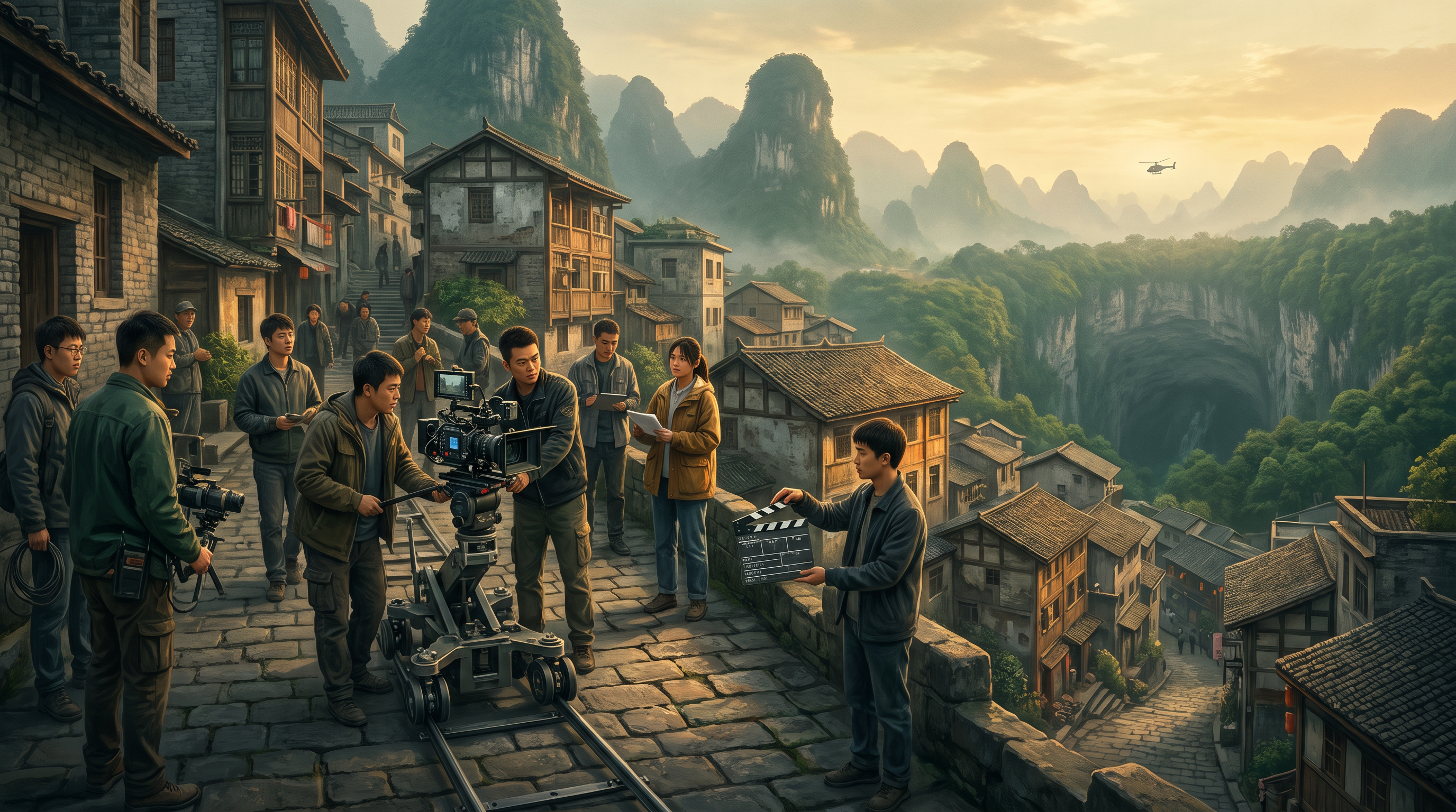 重庆电影剧组开机与远方喀斯特天坑的叙事场景